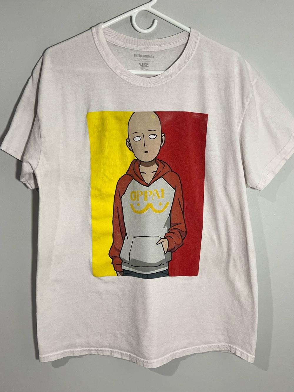 One Punch Man Saitama Oppai Anime White Red Short Sleeve T-Shirt Mens Large